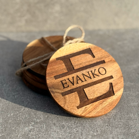 *Custom Engraved* 4 pcs Family Acacia Wood Coaster Set